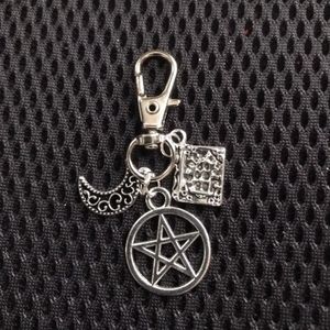 Wicca pendant keychain pentagram star, spellbook keyring purse